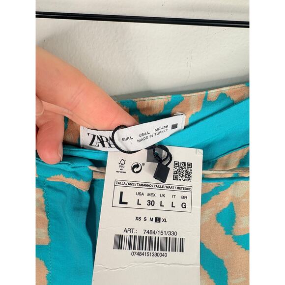 NWT Zara Flowy Printed Wide Leg Pants Womens Large Teal Boho Festival Hippie - Picture 12 of 12